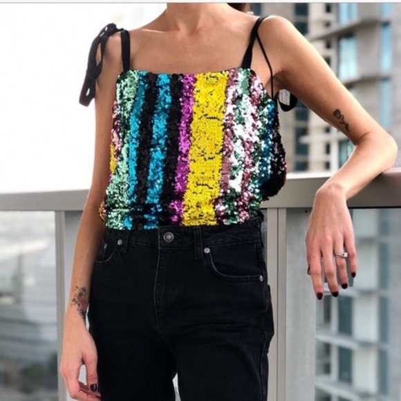 Zara Tops - SOLD! Zara Multicolor Sequin Tie Shoulder Top
